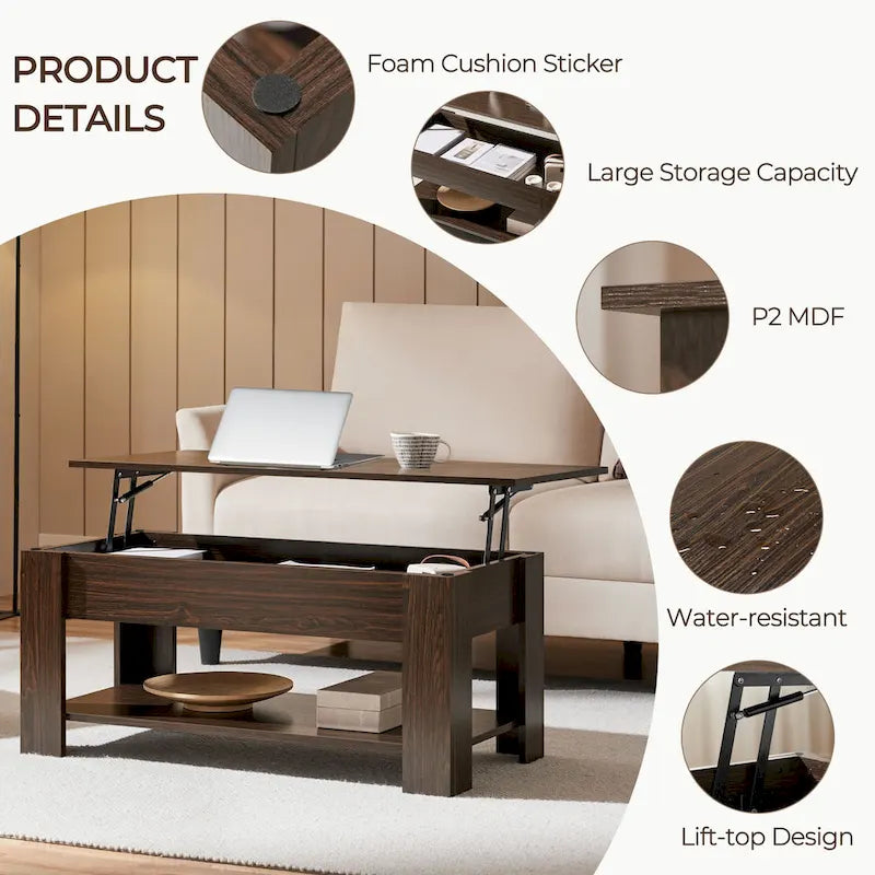 38.6-Inch Lift-Top Coffee Table with Storage Shelf