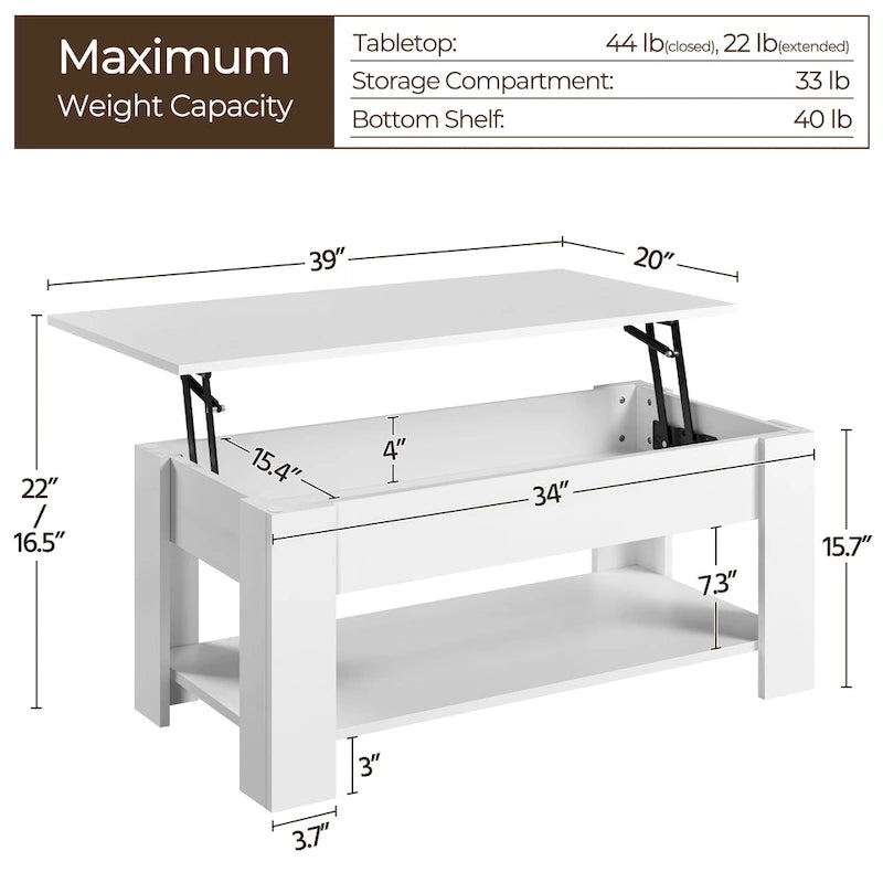 38.6-Inch Lift-Top Coffee Table with Storage Shelf