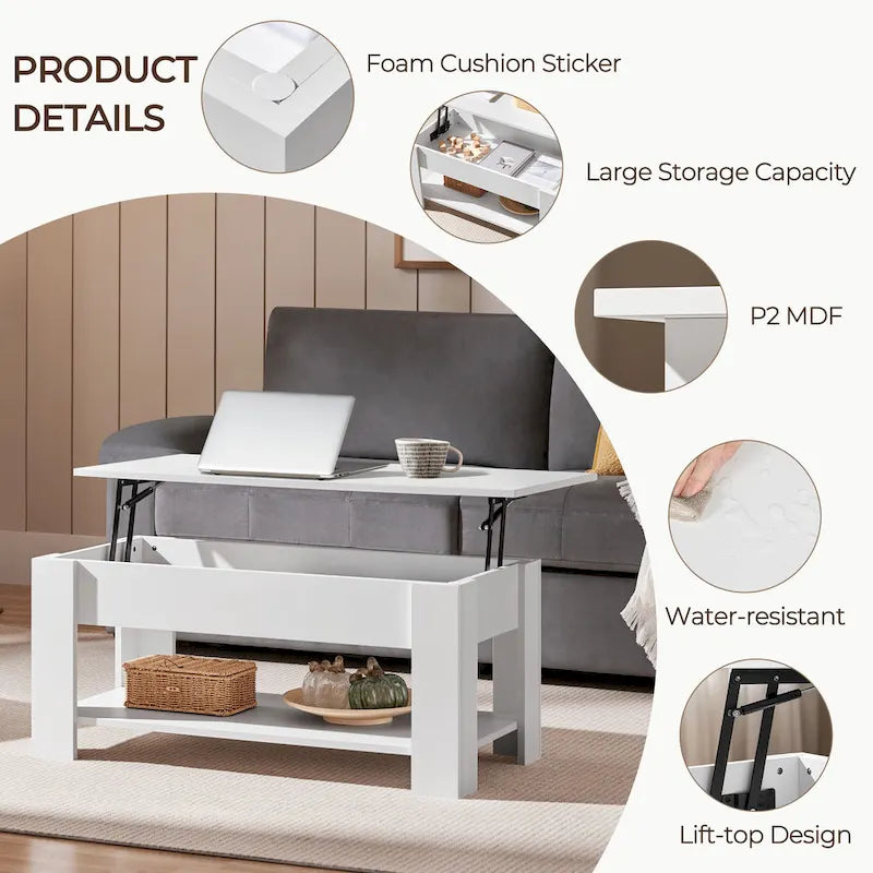 38.6-Inch Lift-Top Coffee Table with Storage Shelf