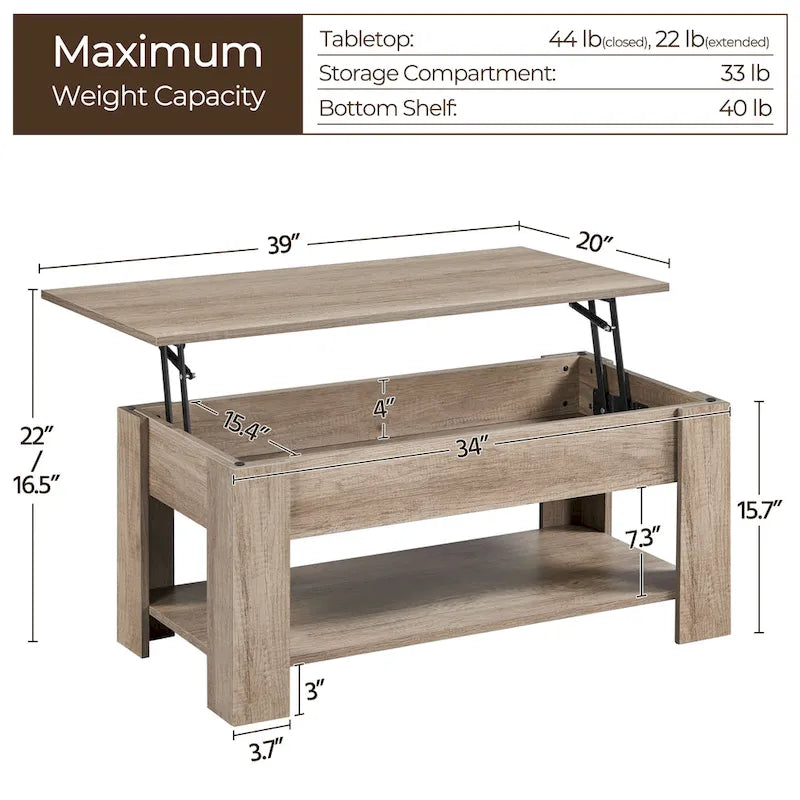 38.6-Inch Lift-Top Coffee Table with Storage Shelf