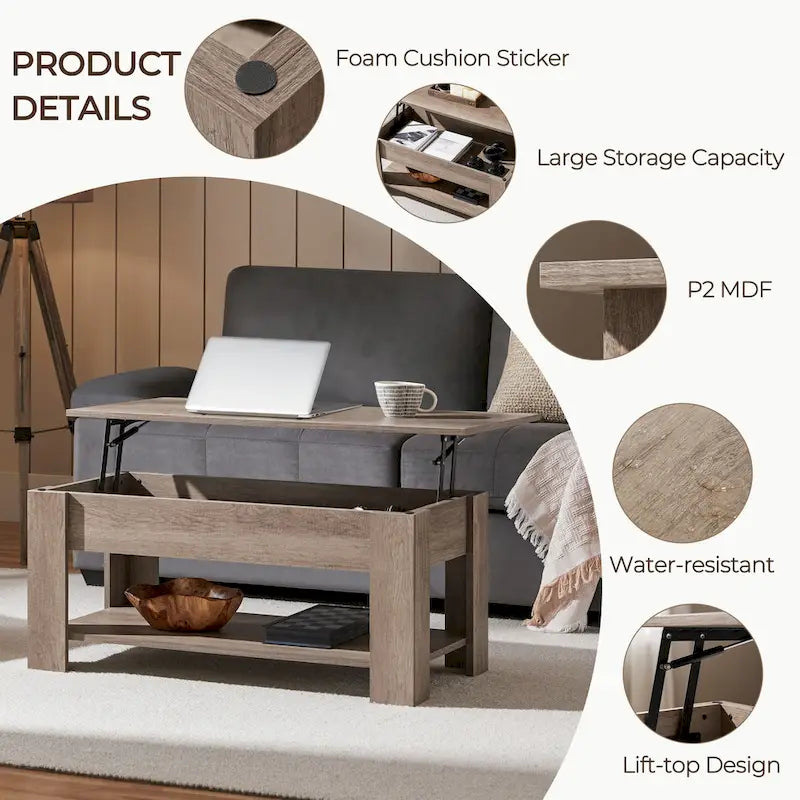 38.6-Inch Lift-Top Coffee Table with Storage Shelf