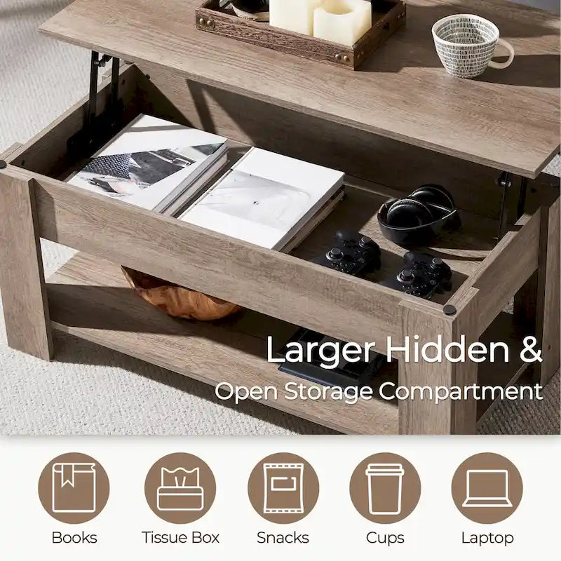 38.6-Inch Lift-Top Coffee Table with Storage Shelf