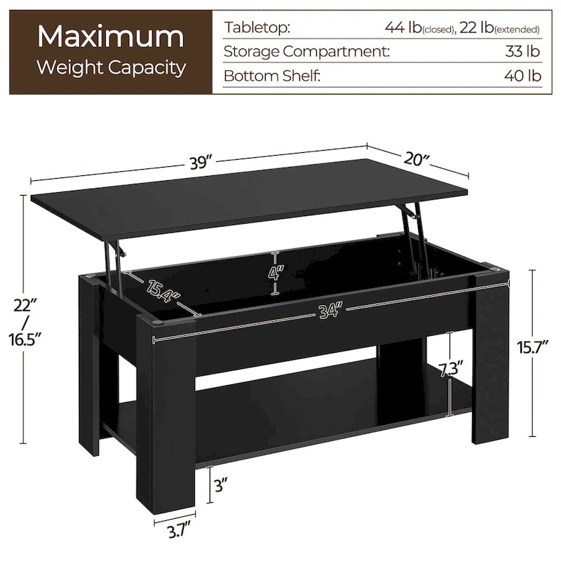 38.6-Inch Lift-Top Coffee Table with Storage Shelf
