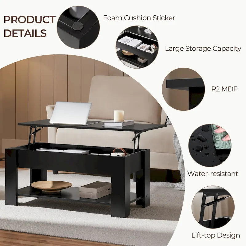 38.6-Inch Lift-Top Coffee Table with Storage Shelf