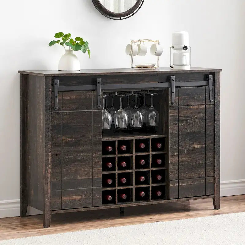 47-Inch Farmhouse Wine Bar Cabinet with Sliding Doors