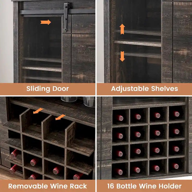 47-Inch Farmhouse Wine Bar Cabinet with Sliding Doors