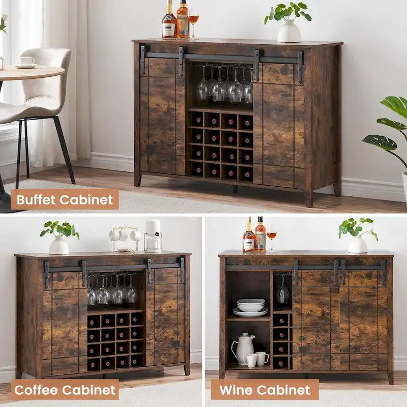 47-Inch Farmhouse Wine Bar Cabinet with Sliding Doors
