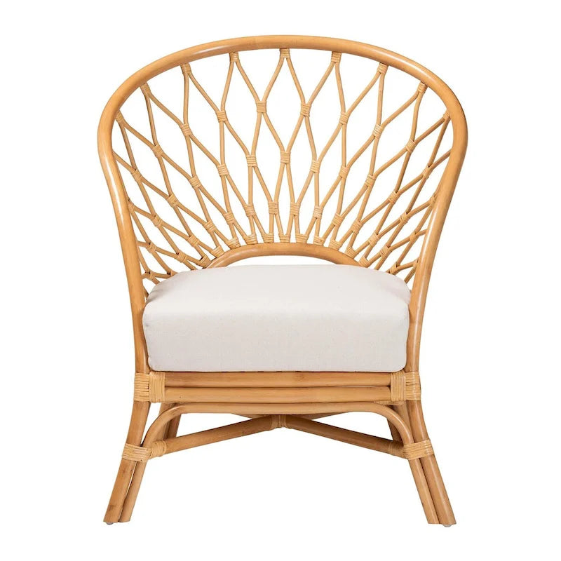 Boho-Sessel aus Honig-Rattan mit Kissen