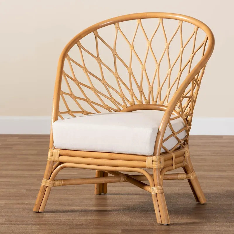 Boho-Sessel aus Honig-Rattan mit Kissen