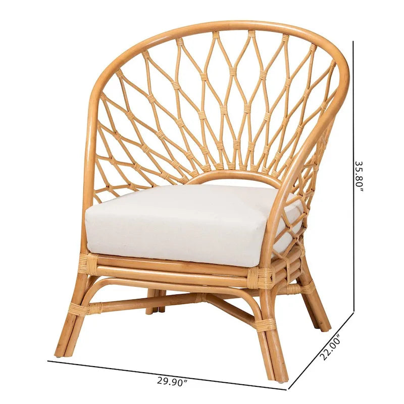 Boho-Sessel aus Honig-Rattan mit Kissen
