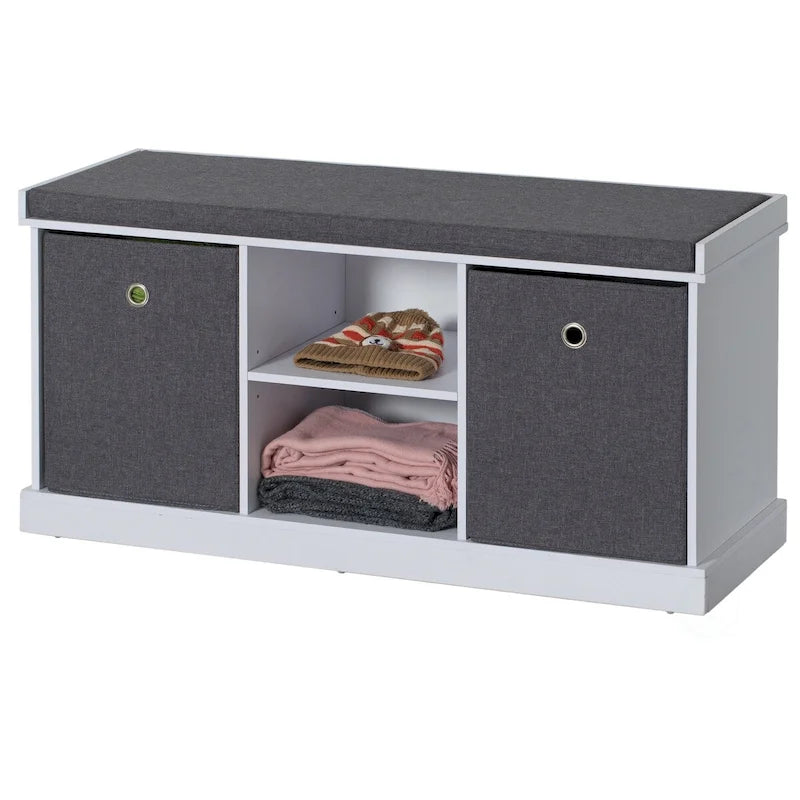 Schuhbank mit MDF-Stauraumfach, 2 Ablagefächern, faltbaren Körben und grauem Kissen, Weiß