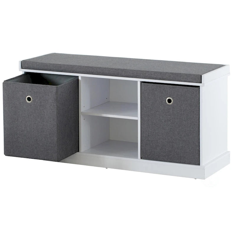 Schuhbank mit MDF-Stauraumfach, 2 Ablagefächern, faltbaren Körben und grauem Kissen, Weiß