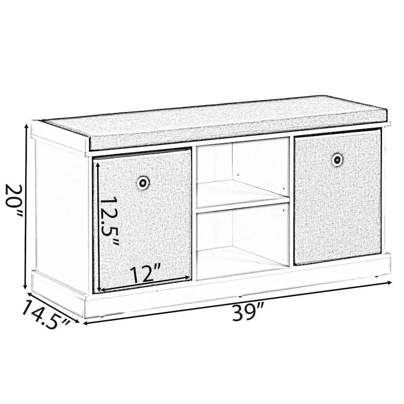 Schuhbank mit MDF-Stauraumfach, 2 Ablagefächern, faltbaren Körben und grauem Kissen, Weiß